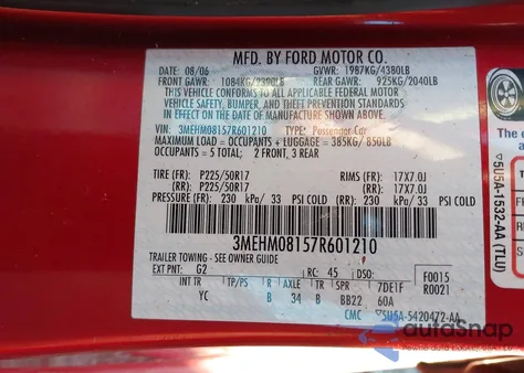 2007 Mercury Milan V6 Premier from USA, damaged, VIN 3MEHM08157R601210